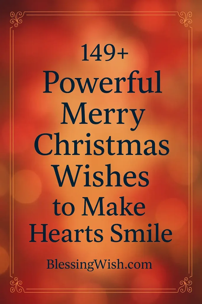 Text on a blurred red and orange background reads: 149+ Powerful Merry Christmas Wishes to Make Hearts Smile. BlessingWish.com. Decorative border frames the text.