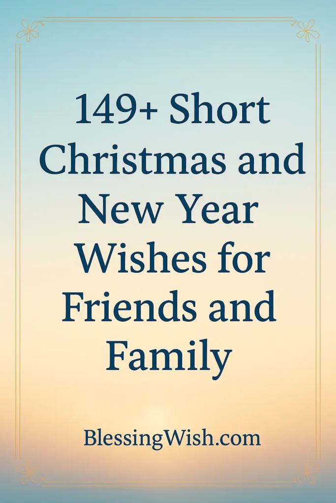 An image with a soft gradient background and delicate border, displaying the text: 149+ Short Christmas and New Year Wishes for Friends and Family. BlessingWish.com.