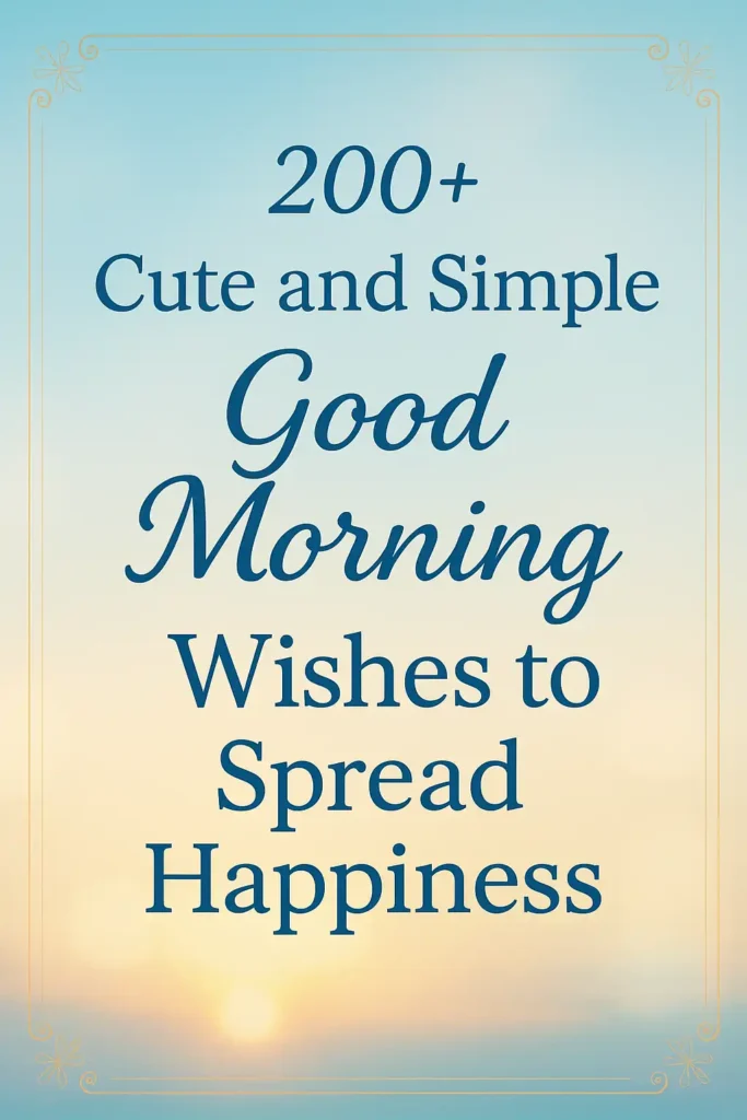Text on a soft sunrise background reads: 200+ Cute and Simple Good Morning Wishes to Spread Happiness in an elegant blue font.