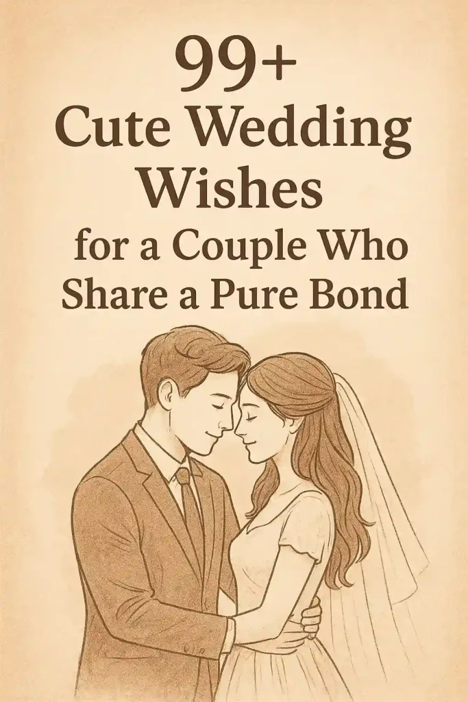 A sepia-toned illustration of a bride and groom embracing closely, with text above them that reads, 99+ Cute Wedding Wishes for a Couple Who Share a Pure Bond.