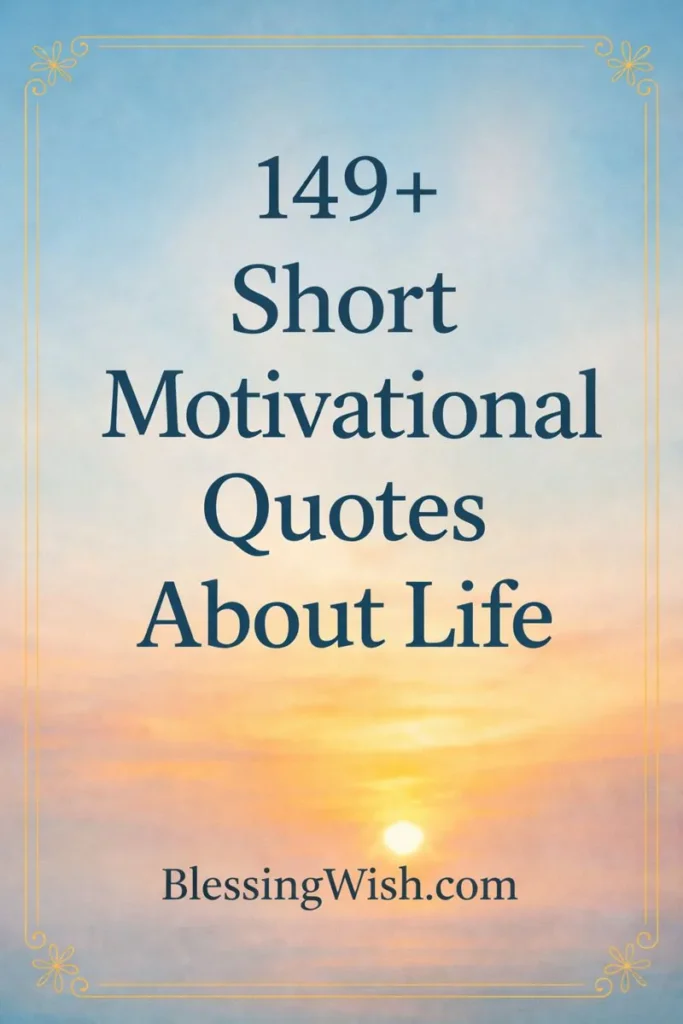 A sky with clouds and a sunrise or sunset. Text in the center reads: 149+ Short Motivational Quotes About Life. BlessingWish.com in blue font.