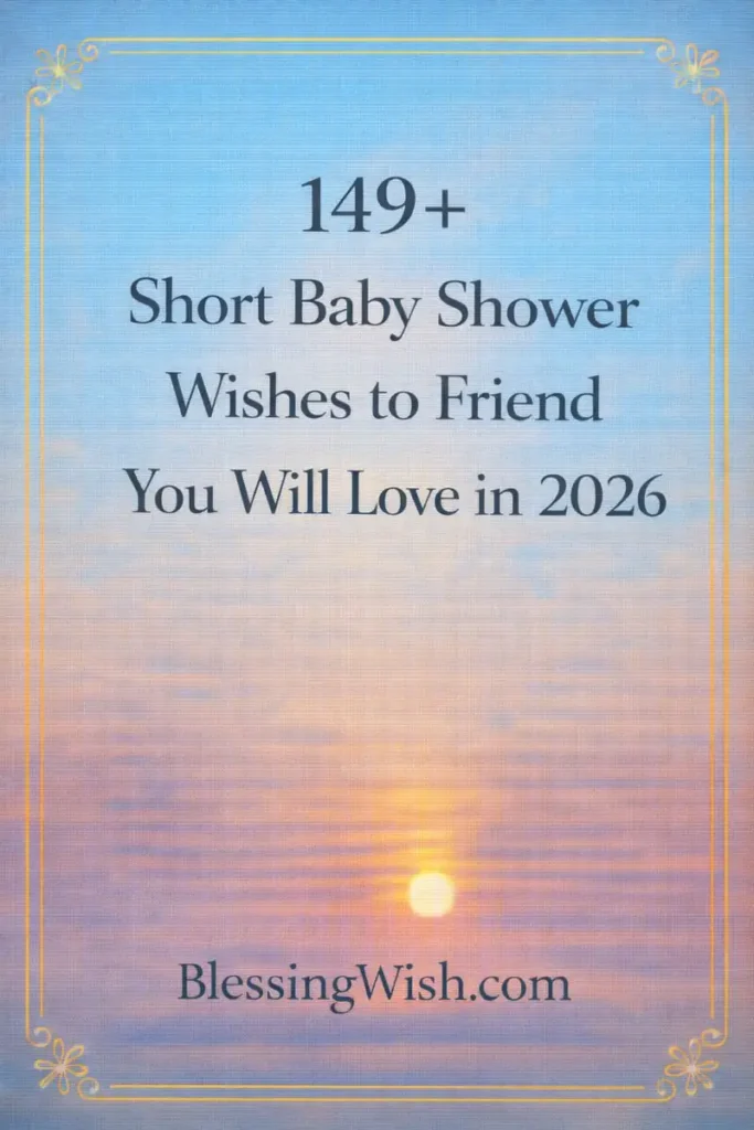 Sunset sky background with text: 149+ Short Baby Shower Wishes to Friend You Will Love in 2026. BlessingWish.com in the center, framed with a golden border.