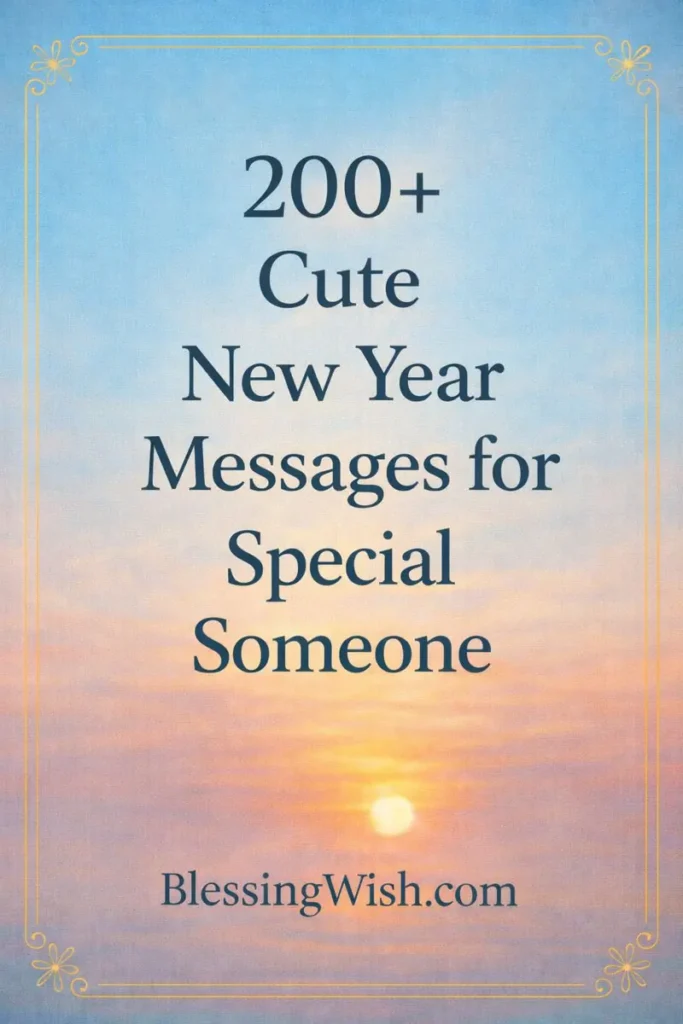 Text on a soft pastel background with a sunrise: 200+ Cute New Year Messages for Special Someone. BlessingWish.com with a decorative gold border.