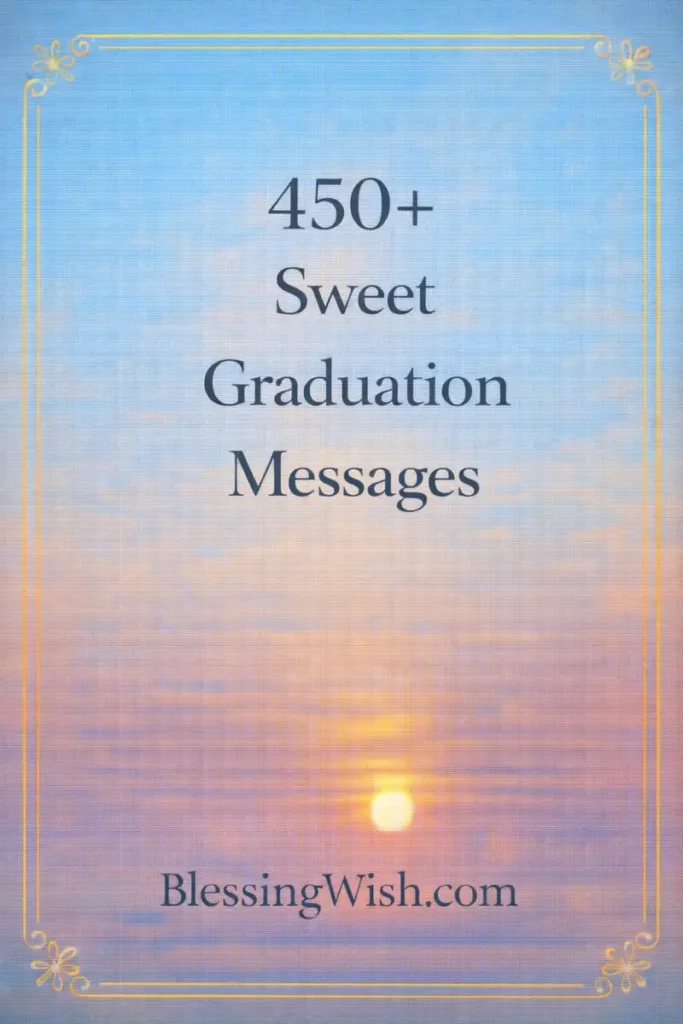 Text on a pastel sunset background reads: 450+ Sweet Graduation Messages. BlessingWish.com with a thin gold border.