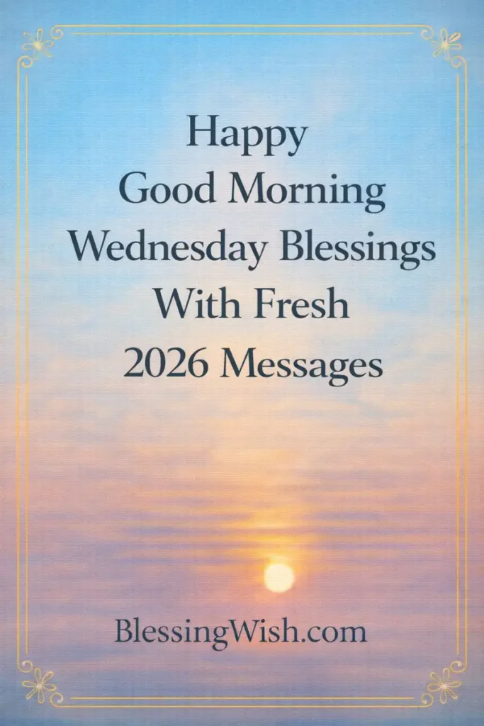 Inspirational message on a pastel sunrise background reads, Happy Good Morning Wednesday Blessings With Fresh 2026 Messages. BlessingWish.com in elegant black text.