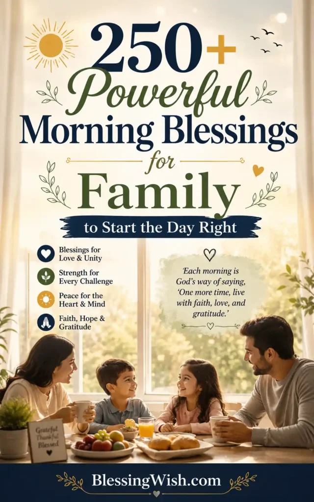 Warm family breakfast scene with inspirational morning blessings text and BlessingWish.com footer in a cozy sunlit setting.