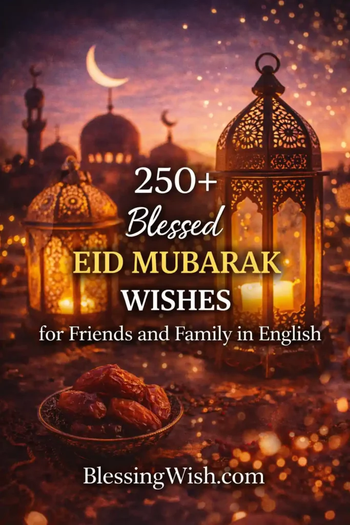 Warm, festive Eid scene with glowing lanterns and candles, a crescent moon above mosque domes at sunset, and a bowl of dates in the foreground. Overlaid text reads “250+ Blessed Eid Mubarak Wishes for Friends and Family in English” with “BlessingWish.com” at the bottom.