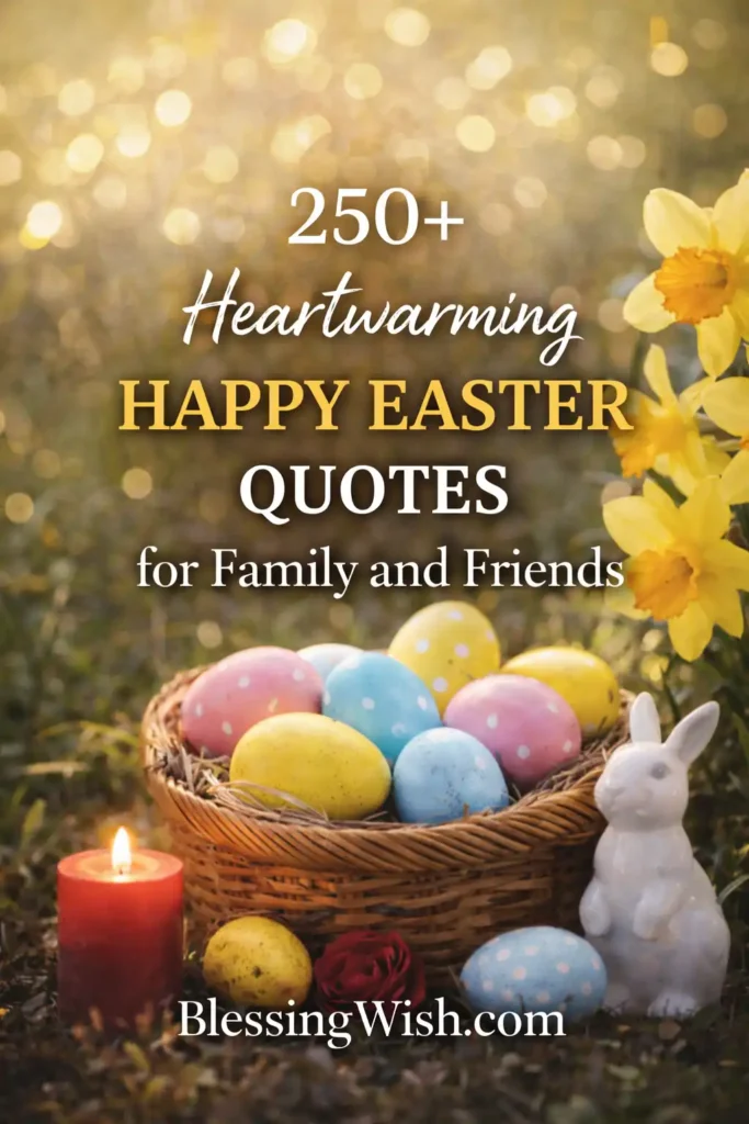 Pinterest-style Easter graphic with a basket of pastel-colored eggs, a white bunny figurine, candle, and yellow daffodils in a warm golden spring background, featuring the text “250+ Heartwarming Happy Easter Quotes for Family and Friends – BlessingWish.com.”