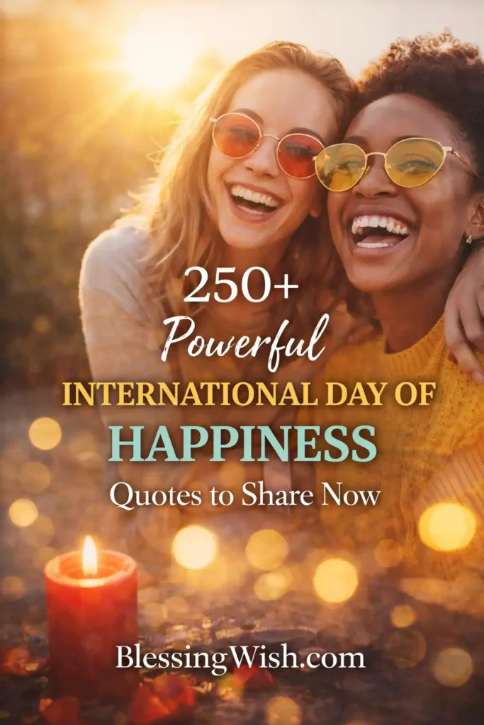 Two friends wearing colorful sunglasses smile and laugh together in warm sunset light, with a glowing candle and golden bokeh lights in the foreground. Overlaid text reads: “250+ Powerful International Day of Happiness Quotes to Share Now – BlessingWish.com.” ✨