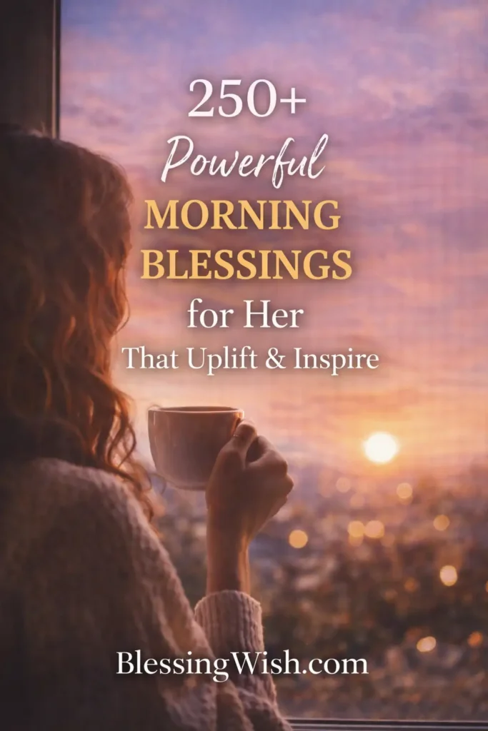 A woman with wavy hair holding a cup, gazing out a window at a colorful sunrise. Overlaid text reads: 250+ Powerful Morning Blessings for Her That Uplift & Inspire. BlessingWish.com.