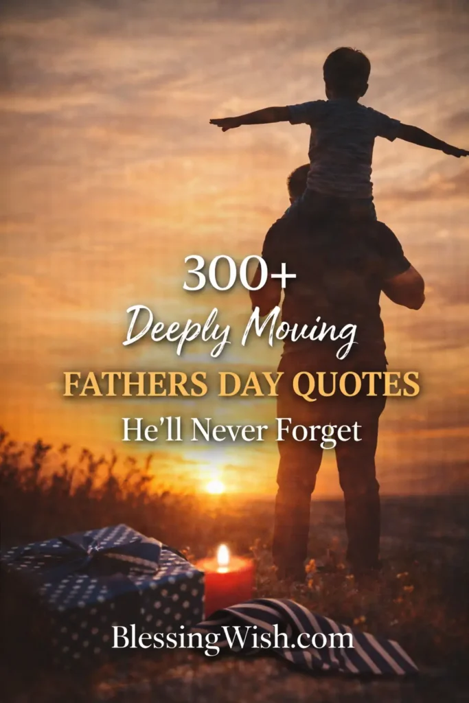 A man holds a child on his shoulders at sunset with gift boxes in the foreground. Text reads: 300+ Deeply Moving Fathers Day Quotes He’ll Never Forget. BlessingWish.com.