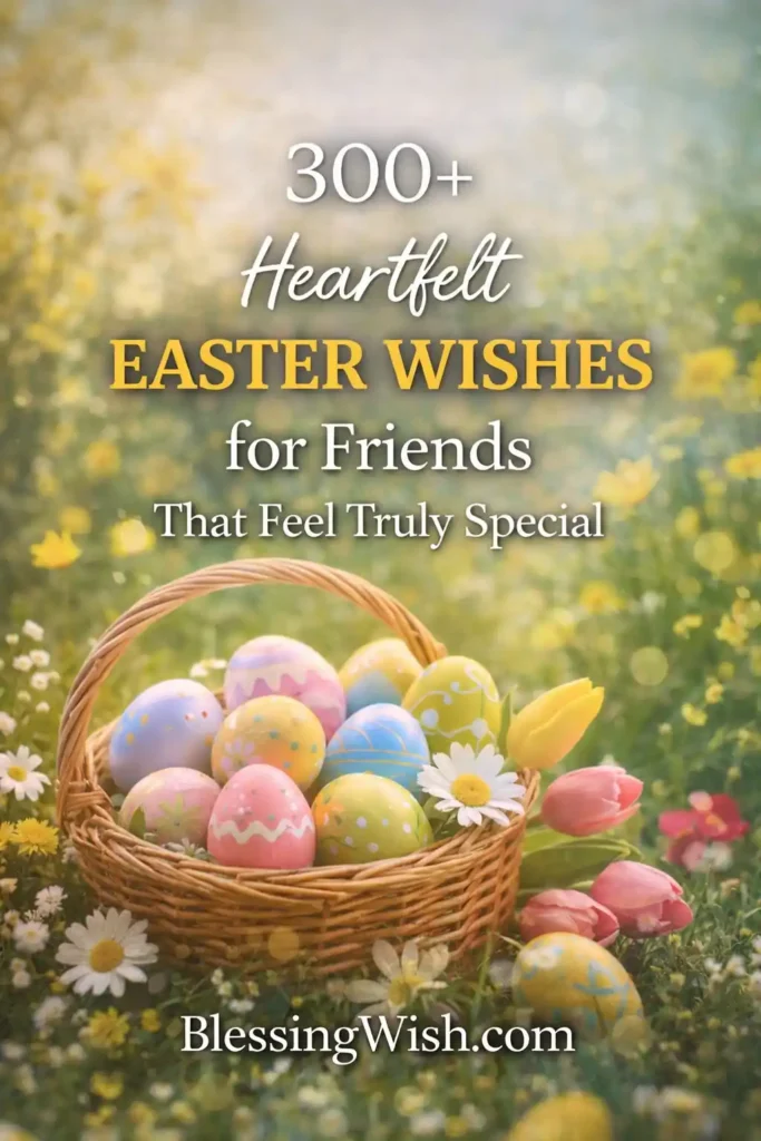 A basket filled with colorful decorated Easter eggs sits among flowers in a sunny meadow, with text reading: 300+ Heartfelt Easter Wishes for Friends That Feel Truly Special. BlessingWish.com.