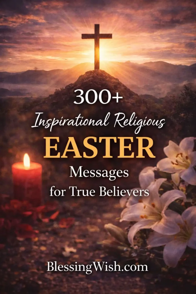 A wooden cross on a hill silhouetted against a glowing sunrise, with rays of light spreading across a mountainous landscape. In the foreground, a lit red candle and white lilies are visible. Text on the image reads: “300+ Inspirational Religious Easter Messages for True Believers” and “BlessingWish.com.”