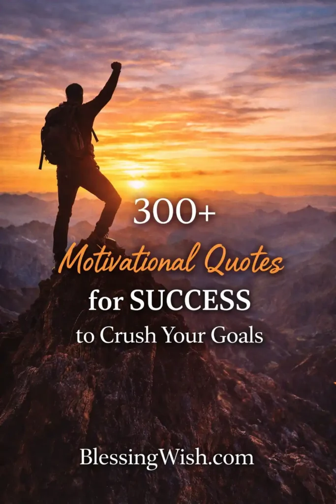 A silhouette of a person wearing a backpack stands triumphantly on a rocky mountain peak with one arm raised, overlooking a vast mountain range at sunrise with warm orange and golden hues. Overlaid text reads: “300+ Motivational Quotes for SUCCESS to Crush Your Goals” and “BlessingWish.com.”