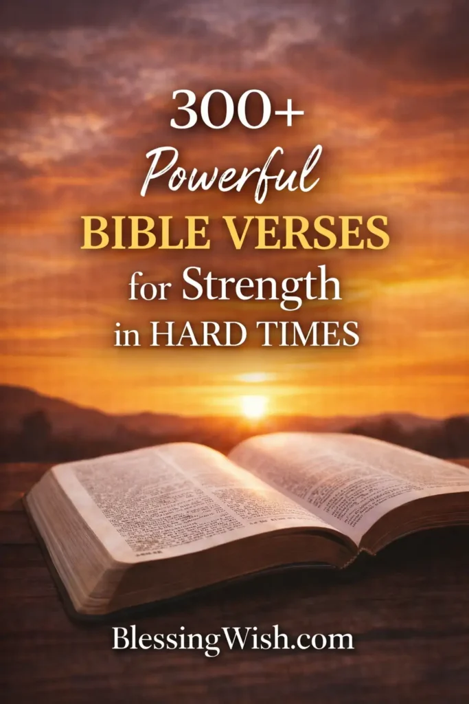 An open Bible rests on a wooden surface against a backdrop of a dramatic sunset sky with clouds. Text over the image reads: “300+ Powerful Bible Verses for Strength in Hard Times. BlessingWish.com.”.