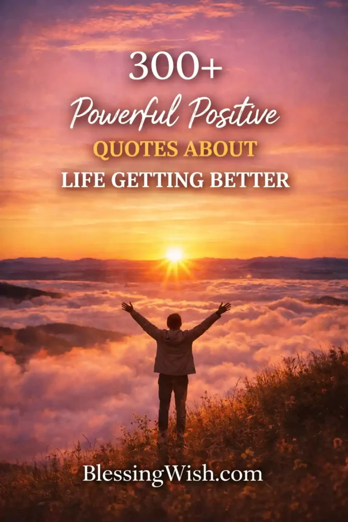 A person stands on a hill with arms raised, overlooking a sunrise above clouds. Text reads: 300+ Powerful Positive Quotes About Life Getting Better. BlessingWish.com.