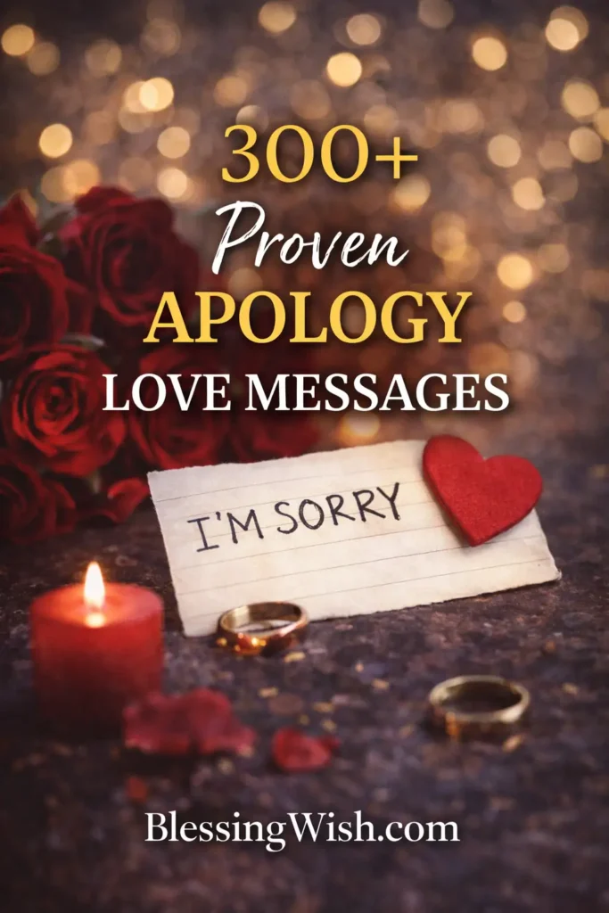 A romantic scene with red roses, a lit red candle, two rings, and a note reading IM SORRY with a red heart. Text overlay: 300+ Proven Apology Love Messages. BlessingWish.com.