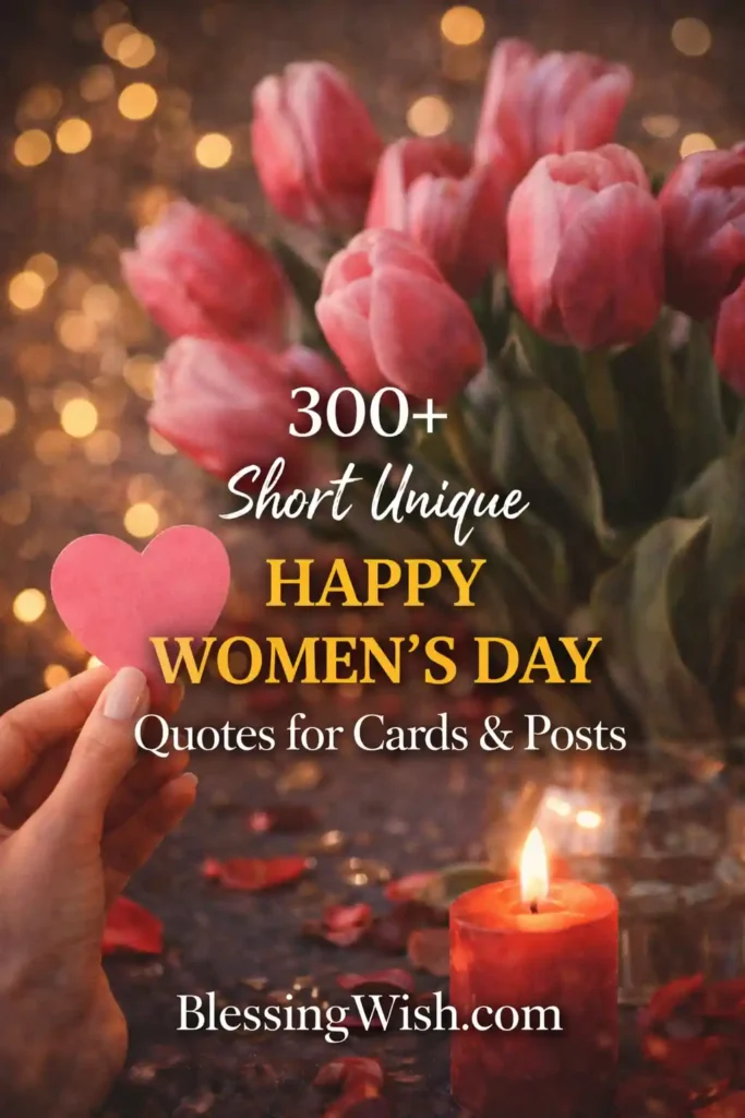 A hand holds a pink paper heart next to a lit red candle, with pink tulips and yellow fairy lights in the background. Text reads: 300+ Short Unique Happy Womens Day Quotes for Cards & Posts. BlessingWish.com.