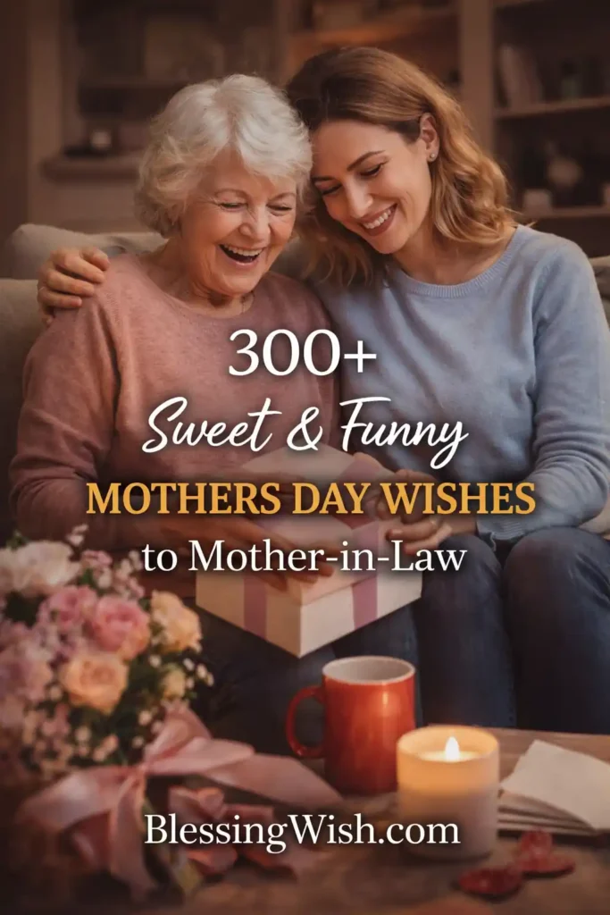 An older woman and a younger woman sit closely on a couch, smiling and holding a gift box. Flowers and a lit candle are on the table. Text reads: 300+ Sweet & Funny Mothers Day Wishes to Mother-in-Law BlessingWish.com.