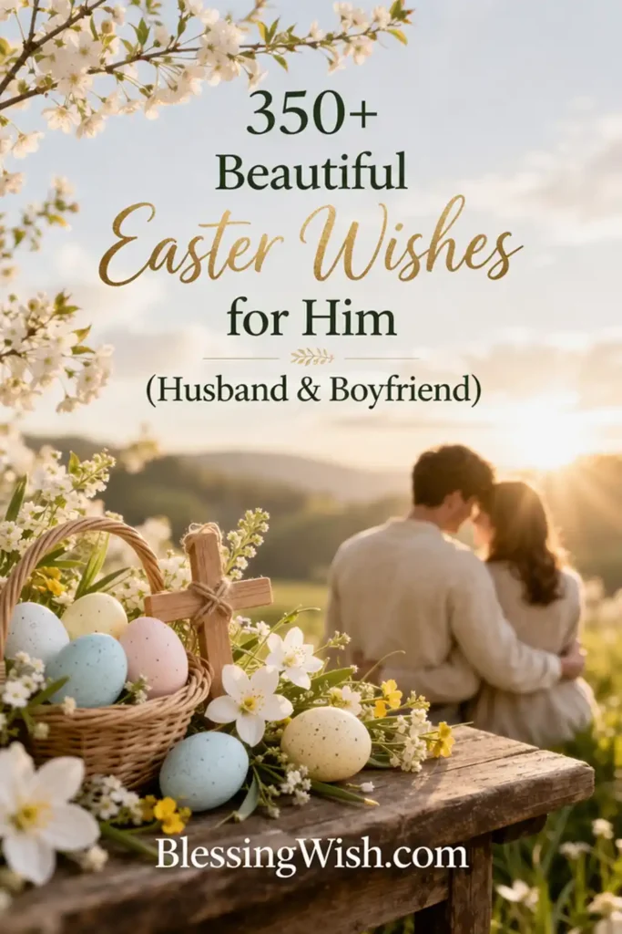 A couple sits embracing in a blooming field at sunset. In the foreground, a basket of colorful Easter eggs and white flowers sits on a wooden table. Text reads: “350+ Beautiful Easter Wishes for Him (Husband & Boyfriend).”.