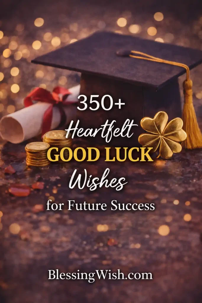 A celebratory graduation-themed image featuring a black mortarboard cap with a gold tassel, a rolled diploma tied with a red ribbon, stacked gold coins, and a gold four-leaf clover charm. The background has warm, glowing bokeh lights. Overlaid text reads: “350+ Heartfelt GOOD LUCK Wishes for Future Success” and “BlessingWish.com.”