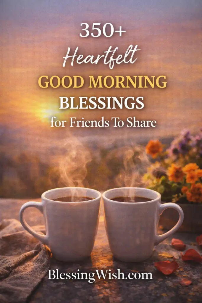 “Sunrise scene with two steaming coffee cups on a table beside flowers, featuring the text ‘350+ Heartfelt Good Morning Blessings for Friends to Share – BlessingWish.com.’ ☀️☕🌼