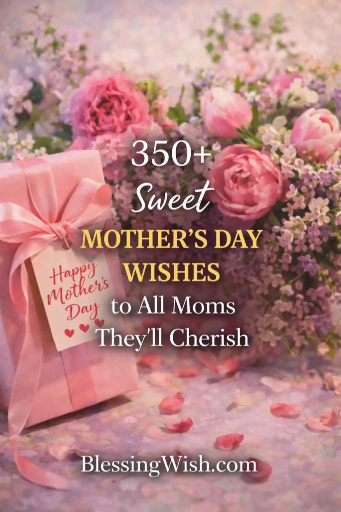 A pink gift box with a tag reading Happy Mothers Day sits beside a bouquet of pink and purple flowers. Text on the image reads: 350+ Sweet Mother’s Day Wishes to All Moms They’ll Cherish. BlessingWish.com.