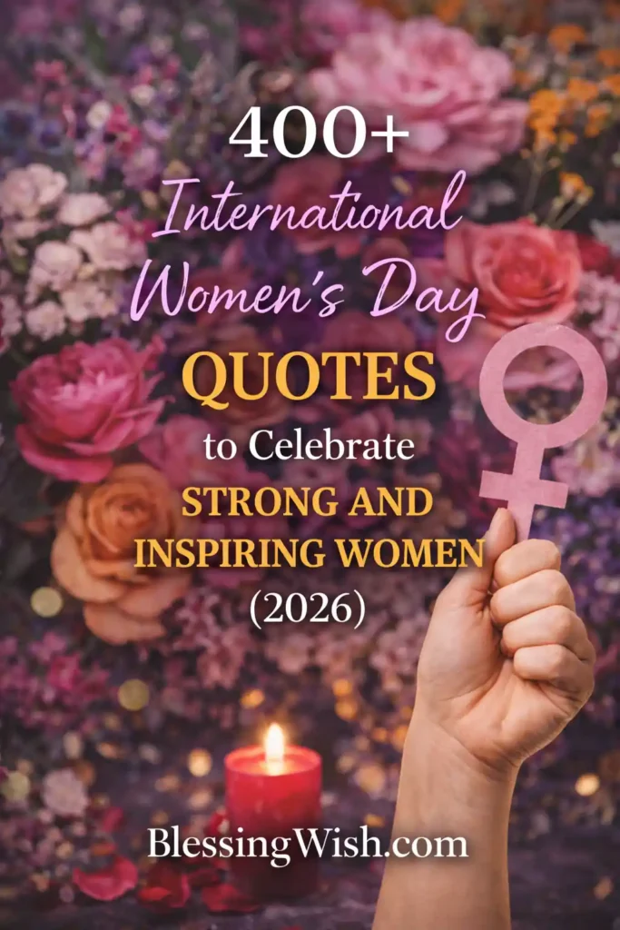 A hand holds a pink female symbol in front of a vibrant floral background with roses and a lit candle. Text reads: 400+ International Womens Day Quotes to Celebrate Strong and Inspiring Women (2026) BlessingWish.com.