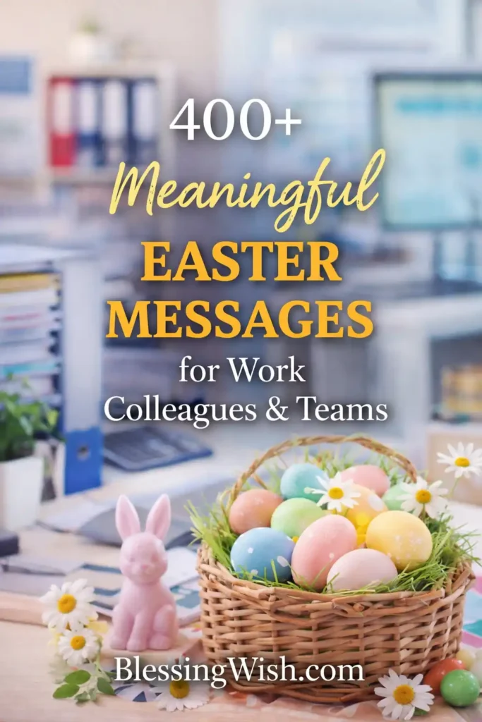 A basket of colorful Easter eggs and daisies sits on a desk next to a pink bunny figurine, with text overlay: 400+ Meaningful Easter Messages for Work Colleagues & Teams. BlessingWish.com.