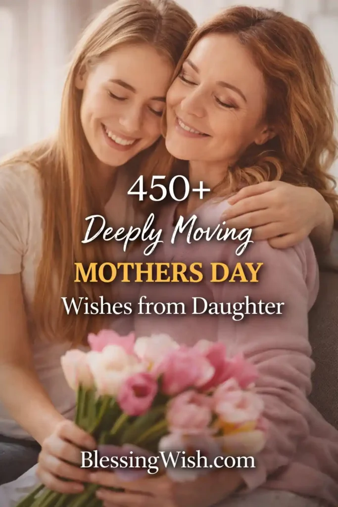 A mother and daughter sit close together on a couch, smiling and hugging while holding a bouquet of flowers. Text reads: 450+ Deeply Moving Mothers Day Wishes from Daughter. BlessingWish.com.