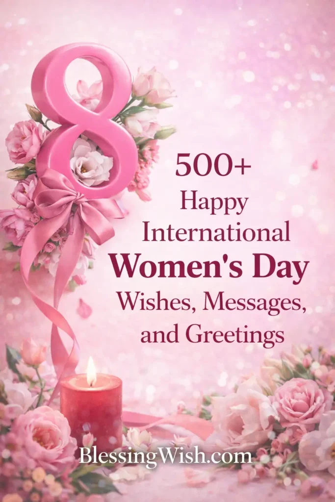 A pink number 8 decorated with flowers and a ribbon, surrounded by candles and more flowers, with text: 500+ Happy International Womens Day Wishes, Messages, and Greetings. BlessingWish.com.