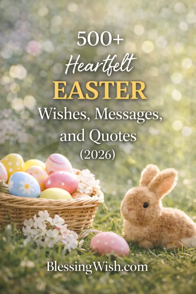 Pinterest-style Easter graphic featuring a basket of colorful decorated eggs and a cute bunny on grass with soft spring bokeh background and text reading “500+ Heartfelt Easter Wishes, Messages, and Quotes (2026) – BlessingWish.com.”