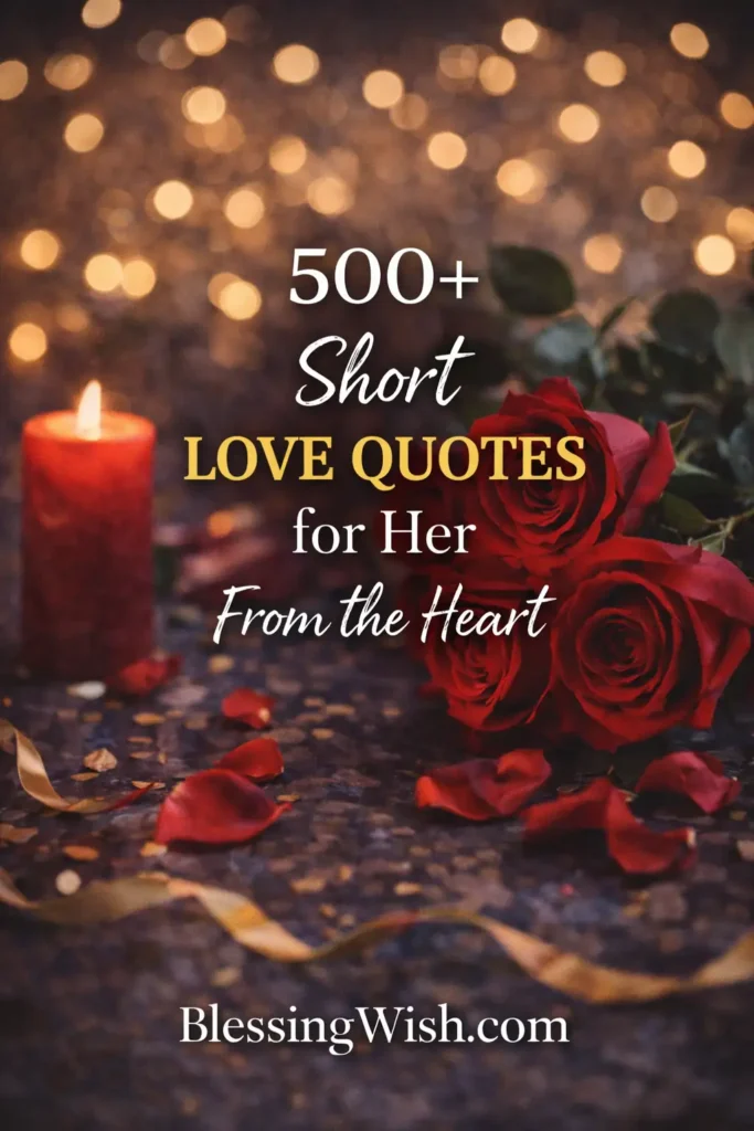 “Romantic image with a lit candle and three red roses on a table with scattered petals and golden bokeh lights in the background, featuring the text ‘500+ Short Love Quotes for Her From the Heart – BlessingWish.com.’ ❤️🌹🕯️✨
