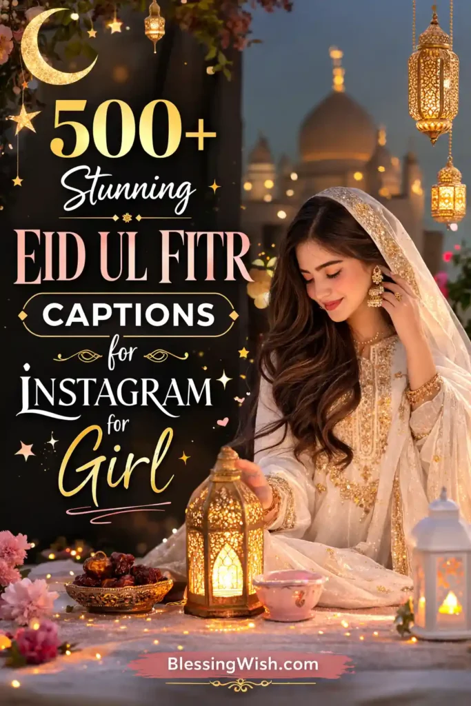 A festive Eid ul-Fitr scene showing a young woman in elegant traditional attire with a dupatta, sitting at a decorated table with glowing lanterns, dates, and tea. Mosque domes, crescent moon, and hanging lanterns appear in the background. The text reads: “500+ Stunning Eid Ul Fitr Captions for Instagram for Girl” with BlessingWish.com at the bottom. 🌙✨