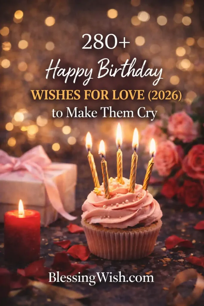 A pink cupcake with six lit candles sits beside a red candle, a wrapped gift, and red roses. Text reads: 280+ Happy Birthday Wishes for Love (2026) to Make Them Cry. BlessingWish.com.