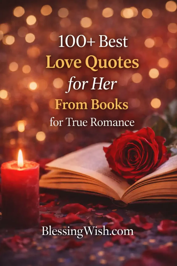 Open book with red rose and candle, featuring “100+ Best Love Quotes for Her From Books” text and BlessingWish.com footer.