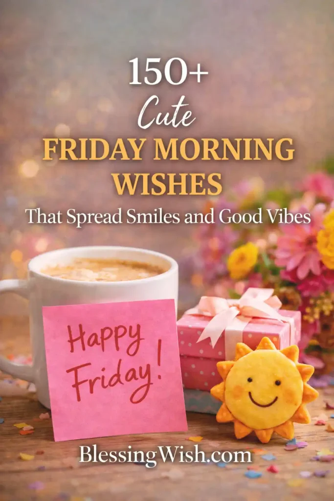 Coffee mug, flowers, gift, and smiley cookie with “150+ Cute Friday Morning Wishes” text and BlessingWish.com footer.
