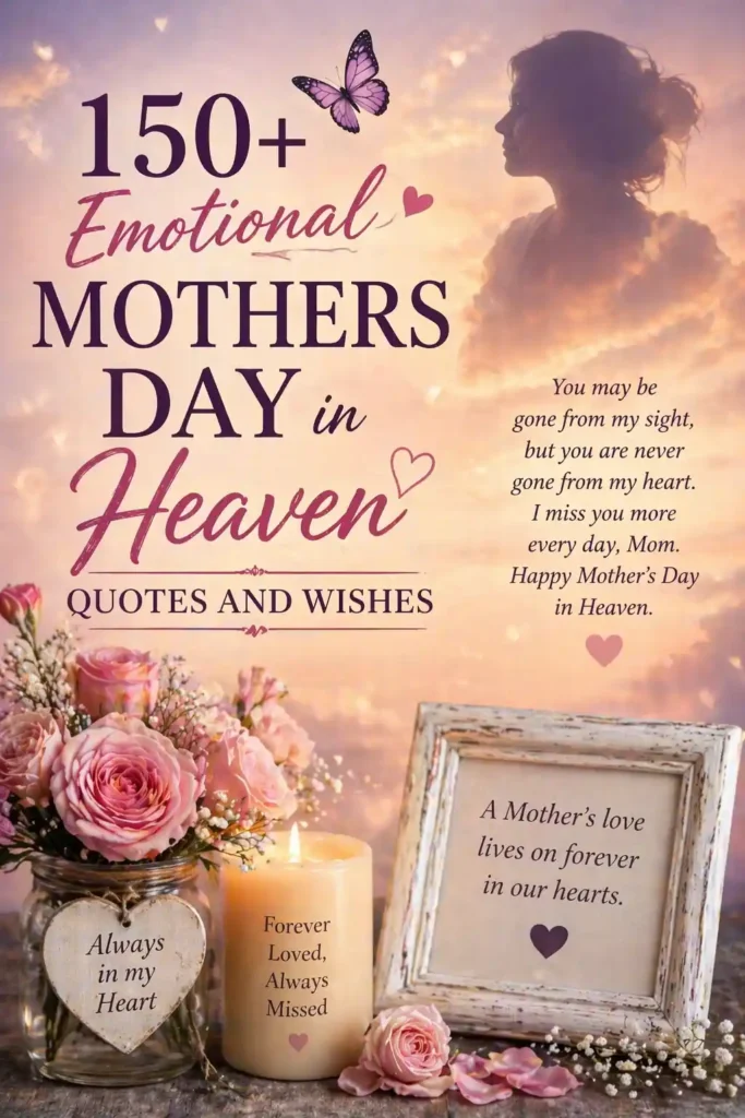 150+ Emotional Mothers Day in Heaven quotes and wishes with soft sunset sky, flowers, candle, and loving remembrance theme