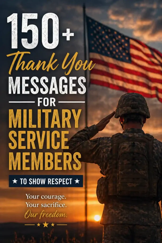 A soldier saluting the national flag at sunset with bold text reading "150+ Thank You Messages for Military Service Members to Show Respect" and a patriotic background.