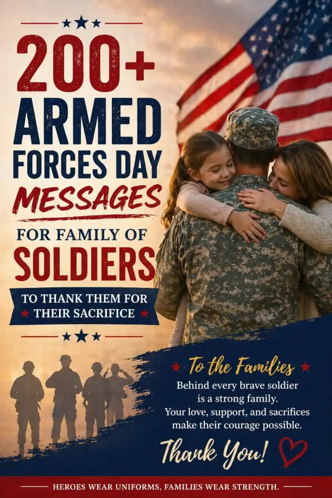 Armed Forces Day poster with soldier hugging family, American flag background, honoring families’ sacrifice and support