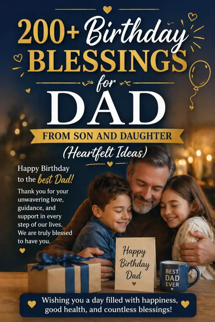 Heartwarming birthday poster for dad with kids hugging, gifts, and message: 200+ Birthday Blessings for Dad from Son and Daughter