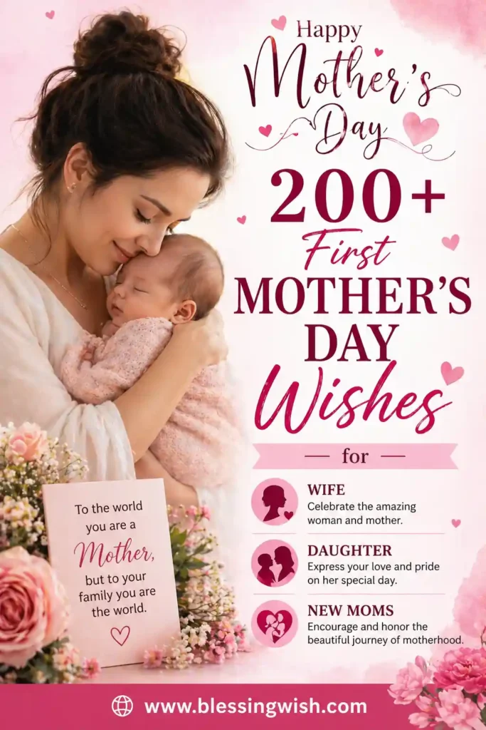 200+ First Mother’s Day Wishes for Wife, Daughter, and New Moms with a loving mother holding her baby, pink floral background, and www.blessingwish.com footer