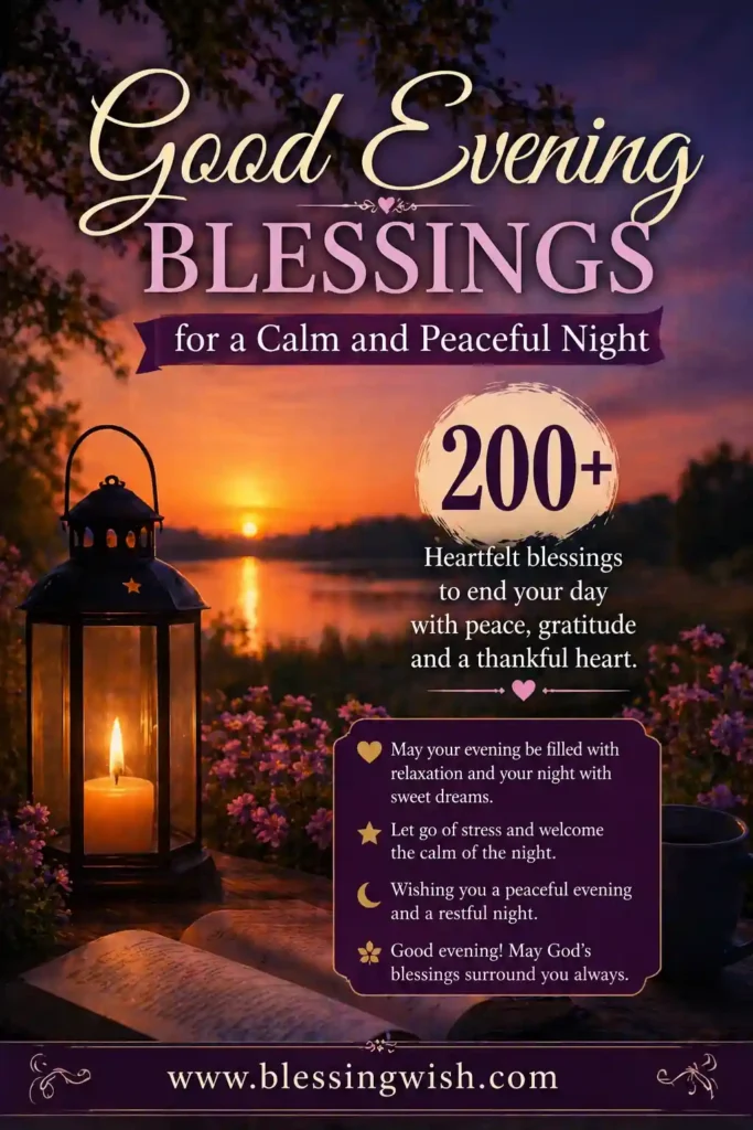 200+ Good Evening Blessings for a Calm and Peaceful Night with sunset lake view, glowing lantern, flowers, and inspiring evening quotes, www.blessingwish.com