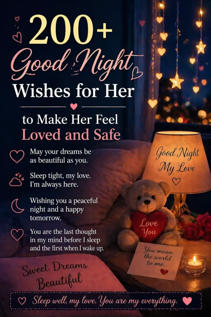 200+ Good Night Wishes for Her image with cozy bedroom, teddy bear, lamp glow, and romantic quotes creating a warm loving night scene