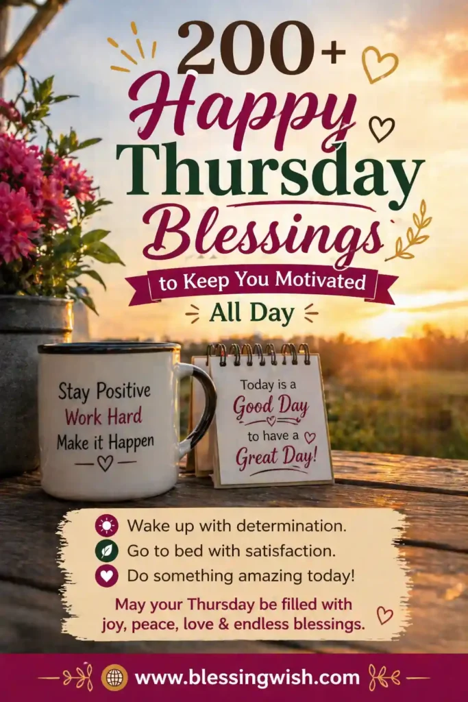 200+ Happy Thursday Blessings to Keep You Motivated All Day with sunrise, coffee mug, flowers, and inspirational quotes – www.blessingwish.com