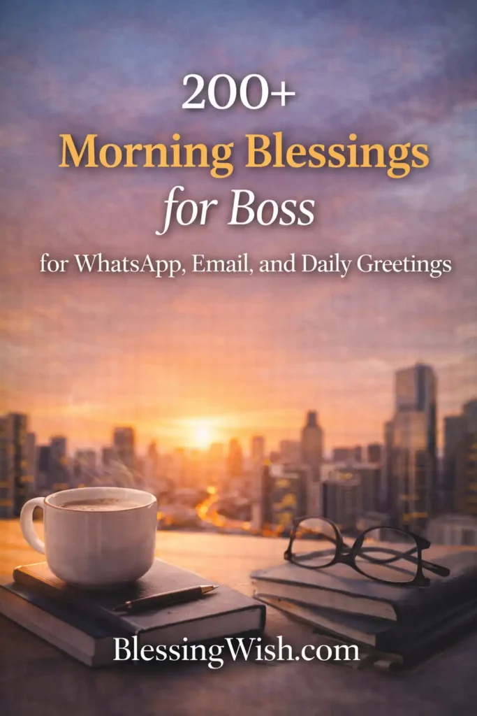 Sunrise office scene with coffee, books and city view, featuring “200+ Morning Blessings for Boss” and BlessingWish.com footer.