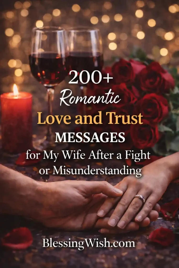 Romantic image with couple holding hands, roses, candle, and text about love and trust messages for wife after misunderstanding
