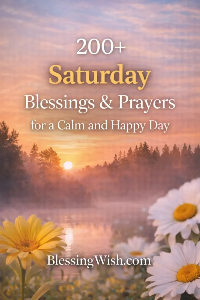 Sunrise lake with flowers and text “200+ Saturday Blessings & Prayers for a Calm and Happy Day” and BlessingWish.com footer.