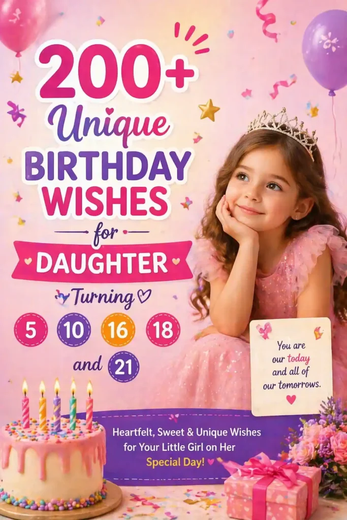 200+ unique birthday wishes for daughter with pastel balloons, cake, and girl illustration for ages 5, 10, 16, 18, 21 🎂