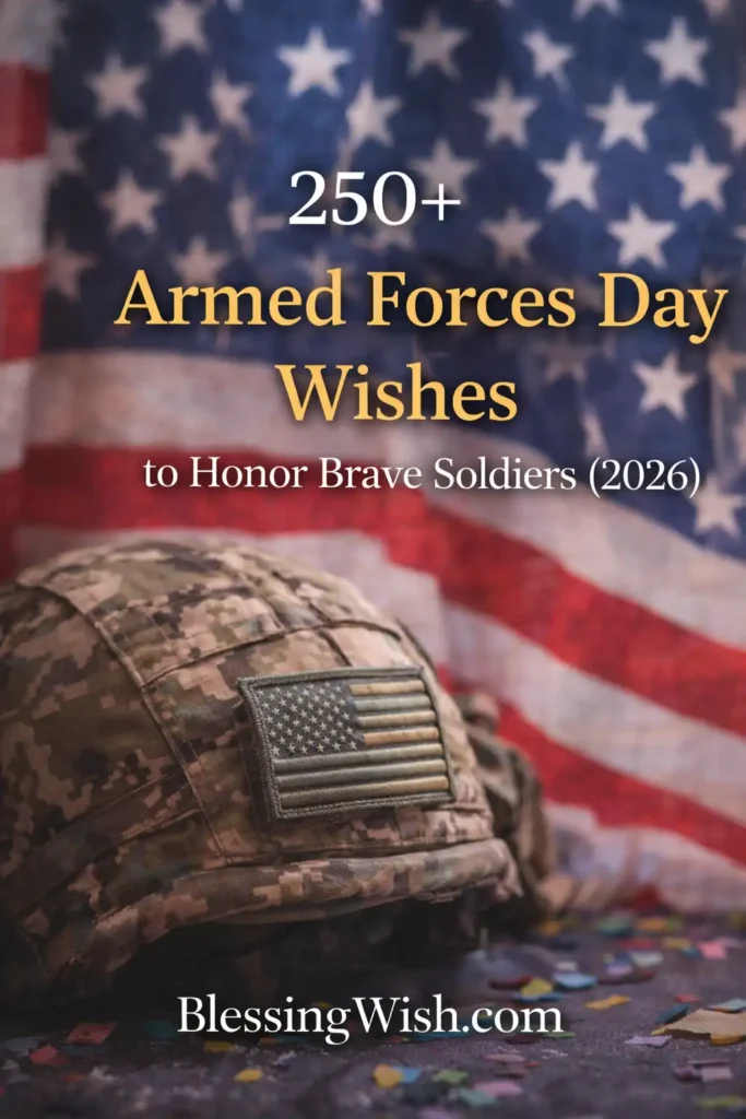 Military helmet with flag background and text “250+ Armed Forces Day Wishes to Honor Brave Soldiers (2026)” with BlessingWish.com.